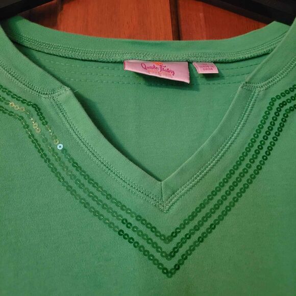 Women's Size 3X Quaker Factory Green Sequins 3/4 Sleeve Top - Picture 2 of 5